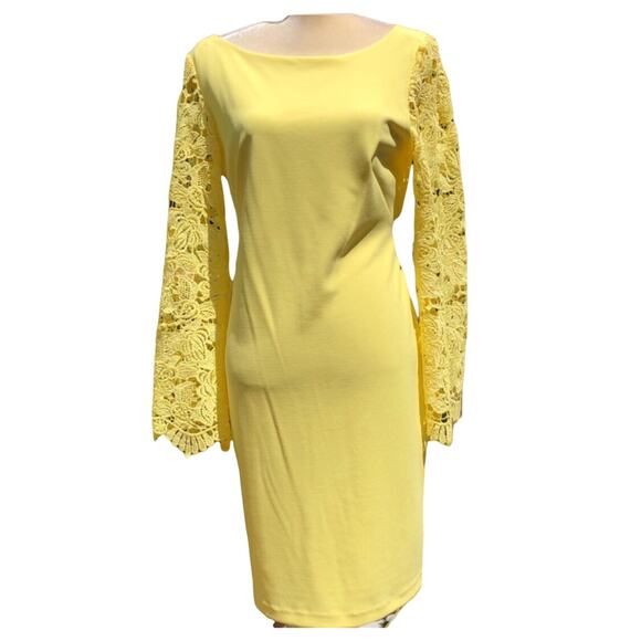 Marina Bright Yellow Lace Sleeve Sheath Dress Party Wedding Size S NWT - Picture 4 of 11